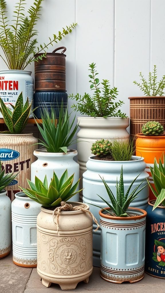 An assortment of repurposed vintage containers used as planters, showcasing different styles and plants.