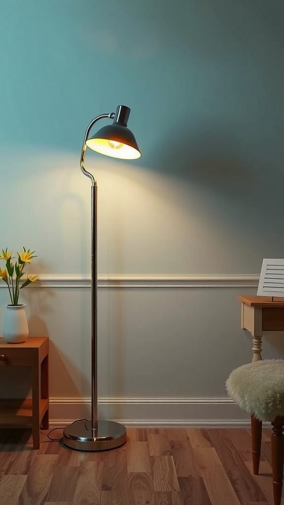 A stylish retro floor lamp with a unique shape, illuminating a cozy living room corner.