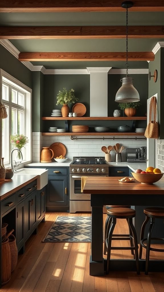 A moody farmhouse kitchen with dark green walls, wooden beams, and stylish decor.