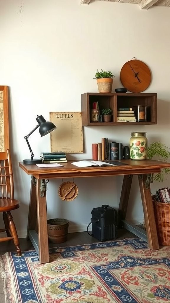 A rustic desk in a cozy bedroom setting with industrial elements. Bedroom Ideas with Desks
