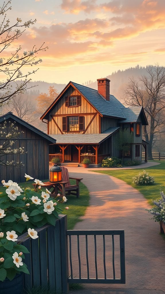 A rustic farmhouse with blooming flowers, a path leading to the house, and a warm sunrise in the background.