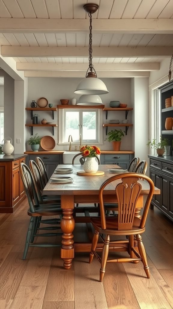 A rustic farmhouse dining area featuring a wooden table with mismatched chairs and natural light coming through the window.