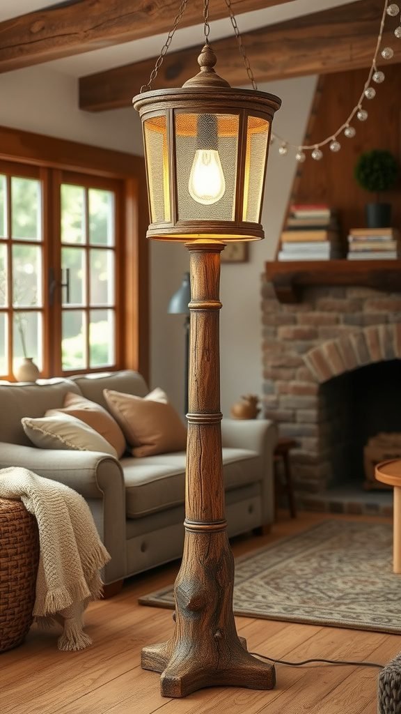 Rustic wooden floor lamp with a lantern shade in a cozy living room setting.