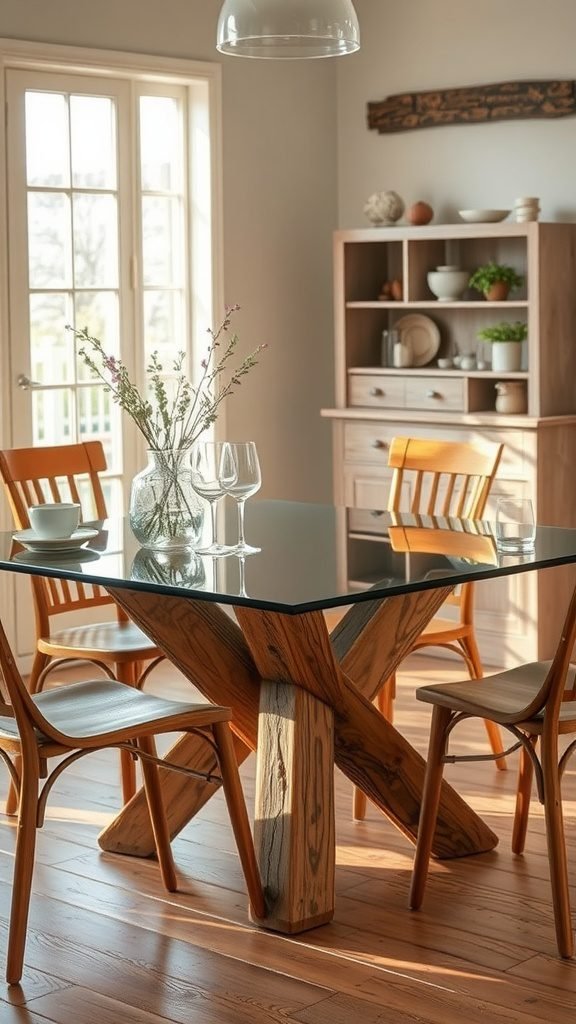 A rustic glass dining table with wooden legs and simple wooden chairs, surrounded by natural light.