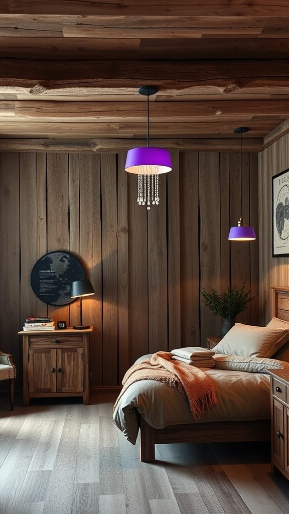 A rustic bedroom with purple light fixtures hanging from a wooden ceiling.