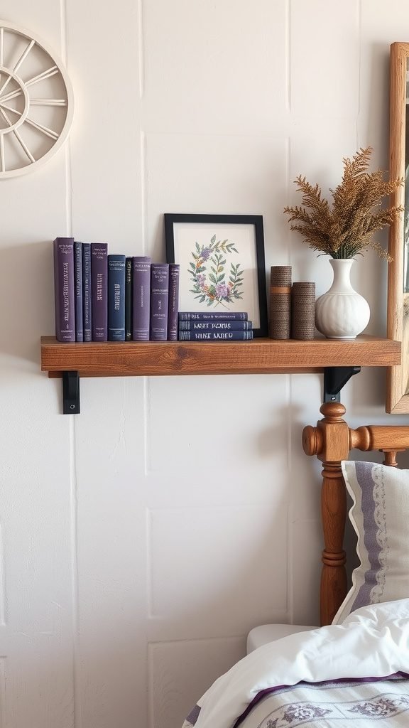 Rustic purple shelving with books and decorative items in a cozy bedroom