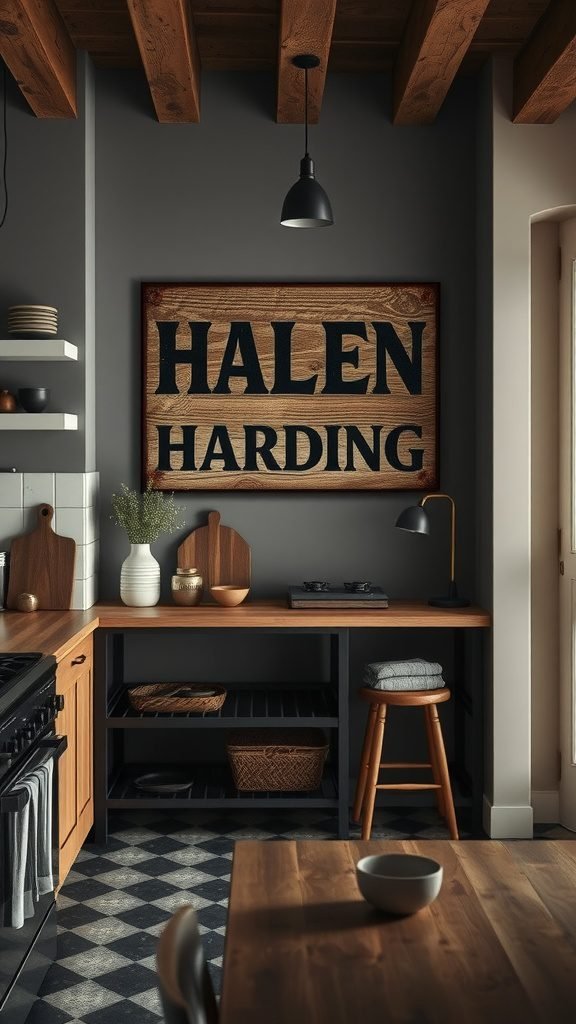 A rustic wooden sign displaying 'Halen Harding' in a cozy farmhouse kitchen with dark walls and wooden accents.