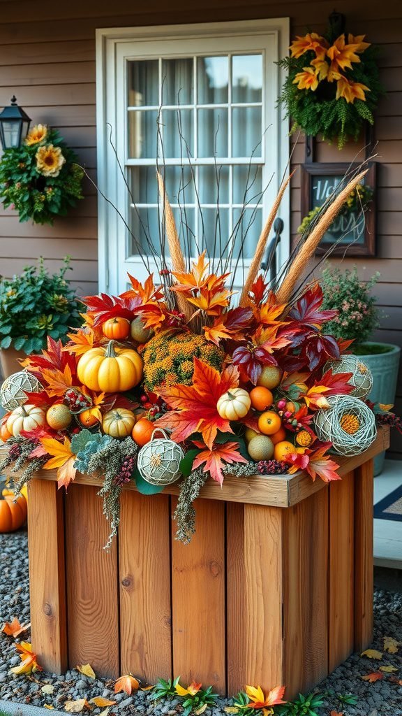 A rustic wooden planter box filled with vibrant autumn decorations, including pumpkins, colorful leaves, and twigs, set against a cozy backdrop.