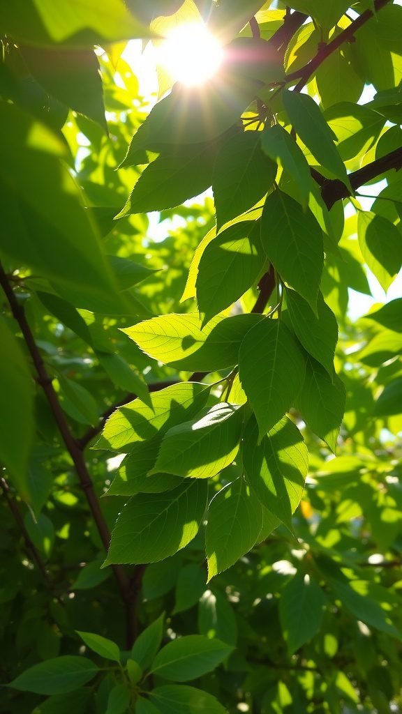 Close-up of green leaves with sunlight shining through