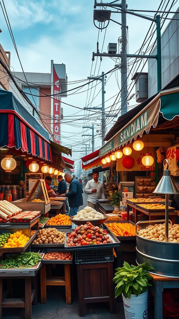 A street market filled with colorful food stalls and vendors selling fresh produce and snacks.