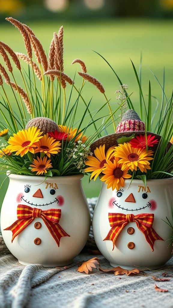 Two scarecrow-themed flower pots filled with flowers and grasses.