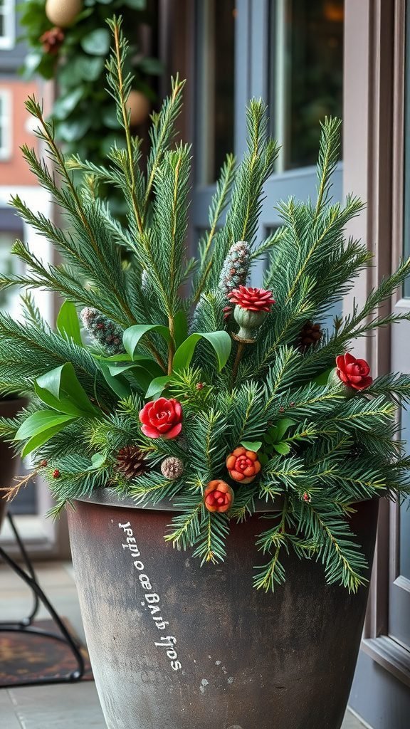 A winter planter filled with evergreen branches, red flowers, and pinecones.