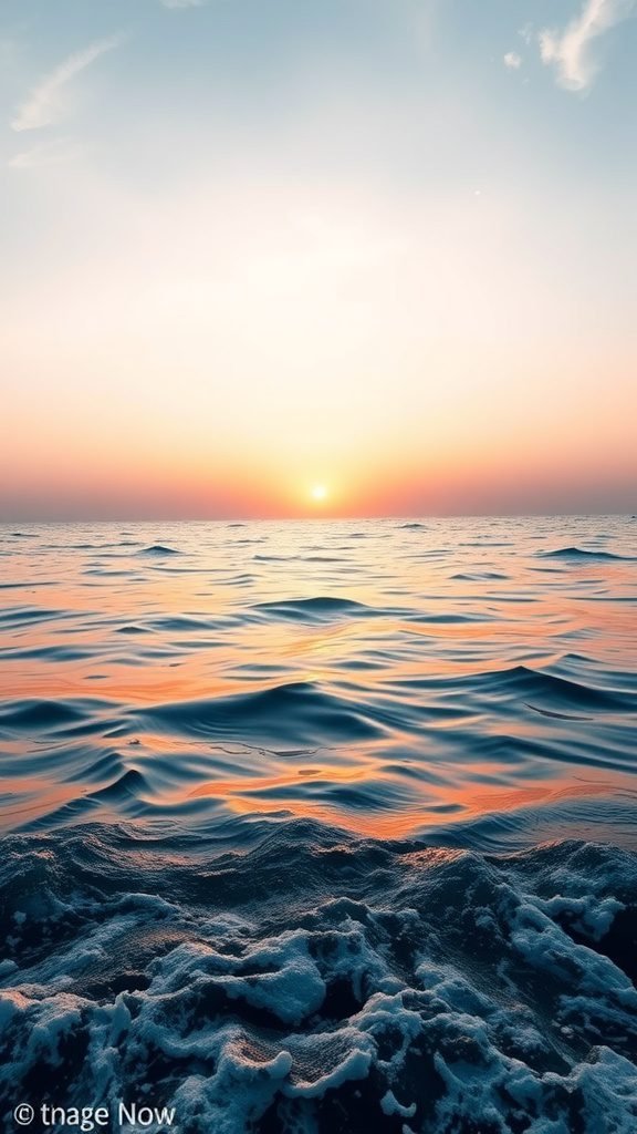 A serene seascape at sunset with soft waves and pastel colors in the sky.