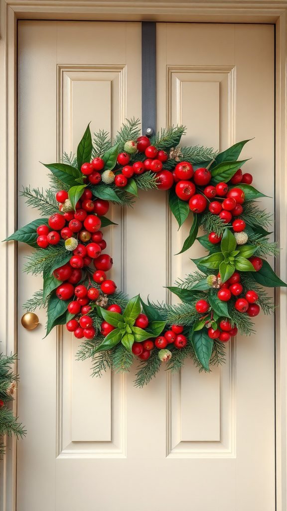 A vibrant spring wreath made of red berries and green leaves, hanging on a beige door.