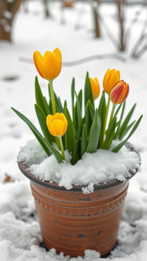 Bright yellow and red tulips emerging from a pot covered in snow