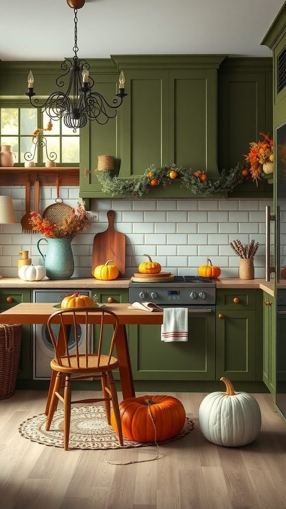 A cozy kitchen featuring olive green cabinets adorned with autumn decor including pumpkins and a garland.