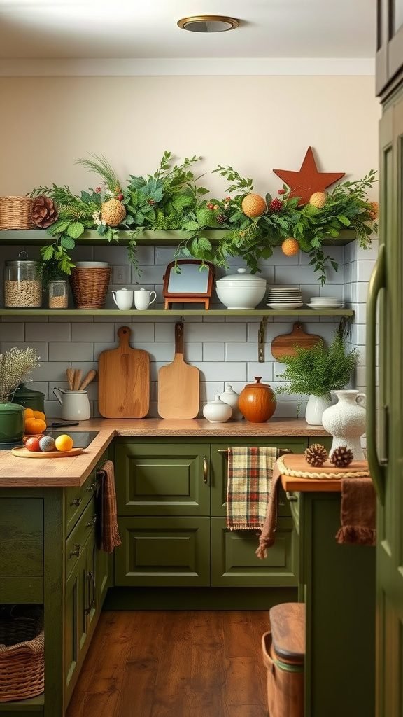 A cozy olive green kitchen with seasonal decor, featuring greenery, wooden accents, and warm lighting.
