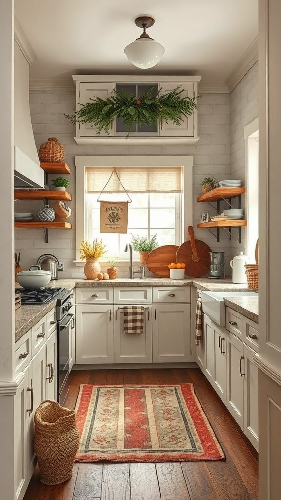 A cozy farmhouse kitchen decorated with seasonal elements, featuring a green garland, wooden accents, and warm colors.