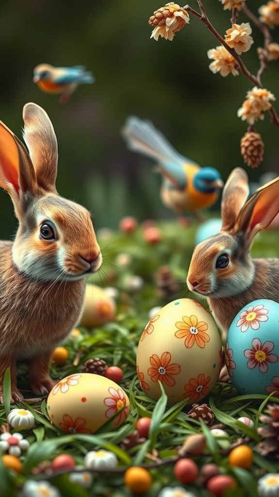 Easter wallpaper featuring two rabbits beside colorful eggs in a green setting with birds