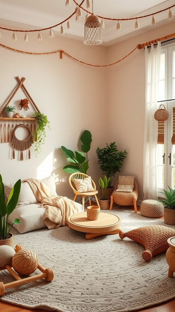 Cozy sensory play area in a boho style baby room with natural materials and soft textures.