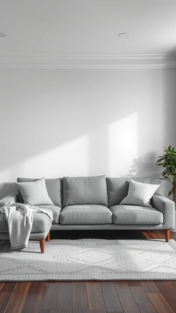 A serene living room featuring a grey couch, simple rug, and a plant.