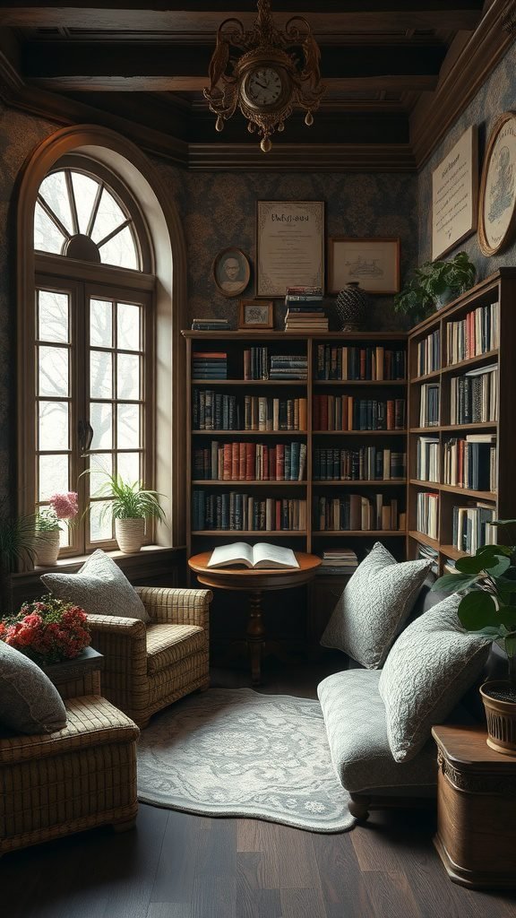 A cozy reading nook with comfortable chairs, a small table, and a bookshelf filled with books.