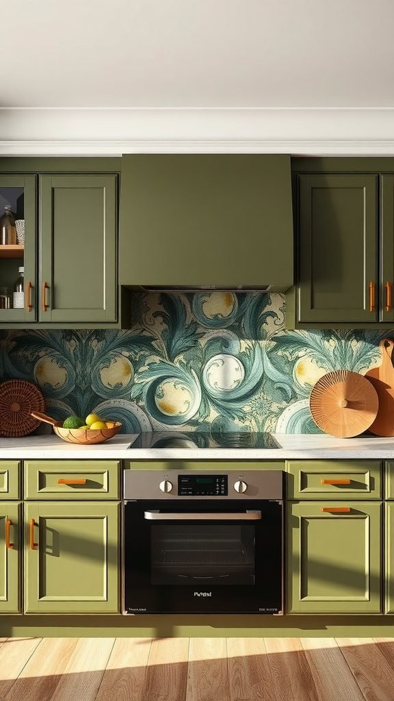 A stylish kitchen with olive green cabinets and an artistic patterned backsplash.