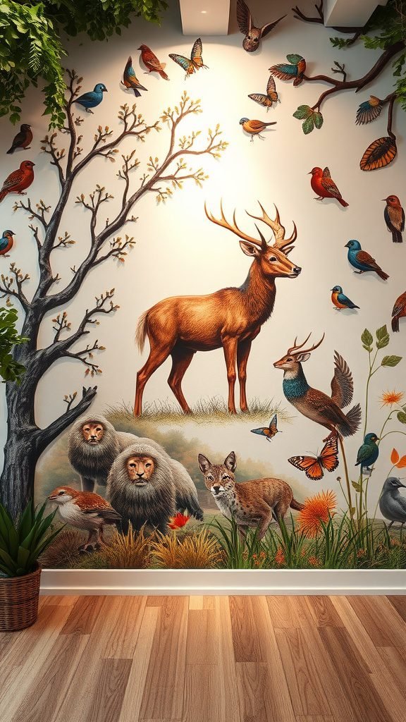 A vibrant mural depicting a deer, lions, a fox, and various birds surrounded by greenery. Therian Room Decor