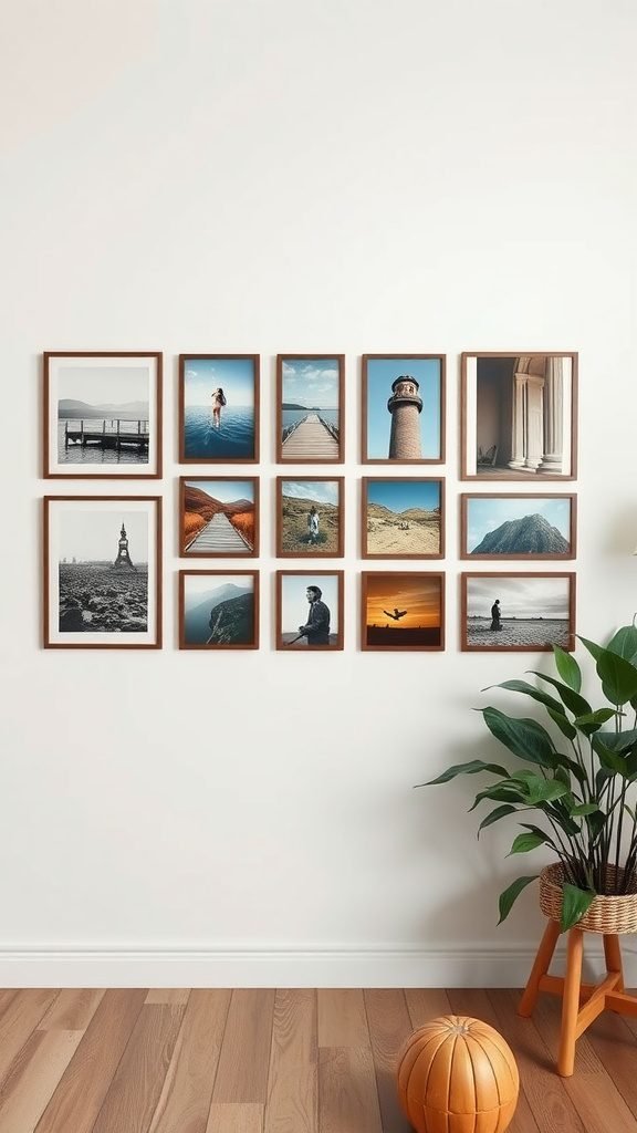 A gallery wall with framed personal photographs in various landscapes and moments, alongside a green plant and decorative items.