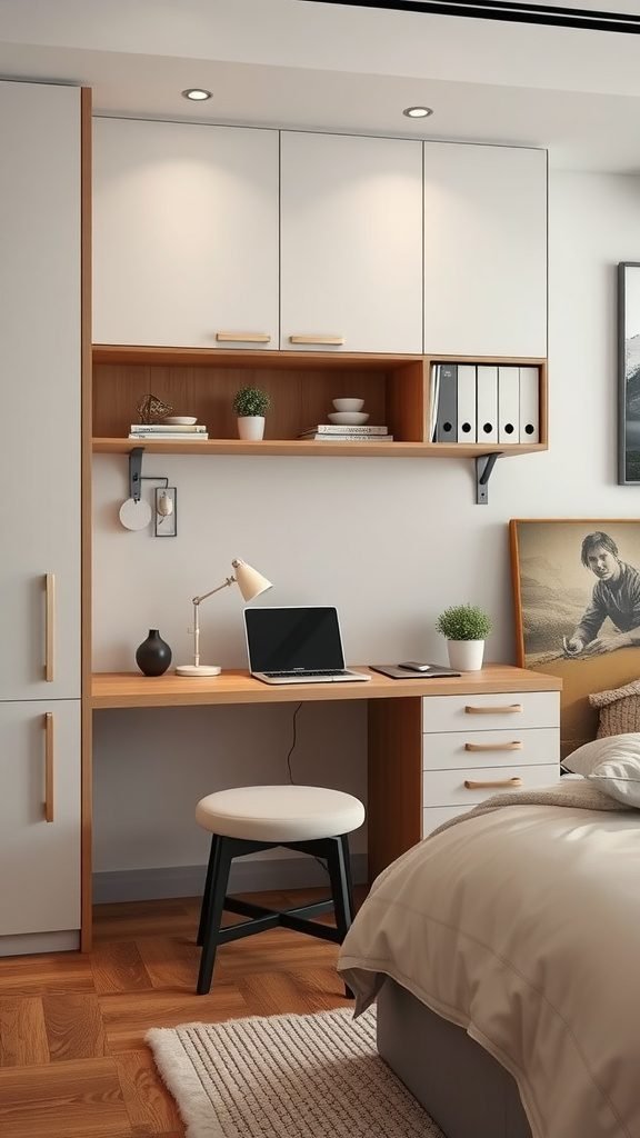 A modern bedroom featuring a sleek desk integrated with storage solutions.