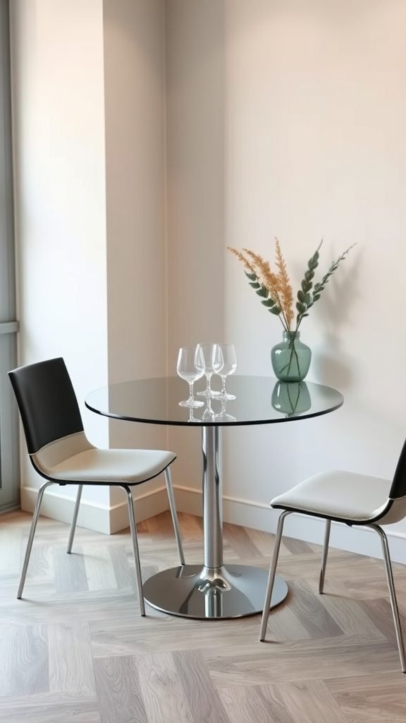 A sleek round glass table with a chrome base and two minimalist chairs, set in a small dining area with a vase of greenery.