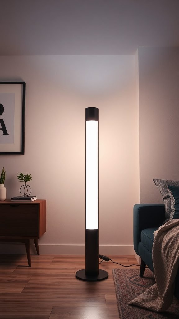 A modern smart floor lamp illuminating a cozy living room area.