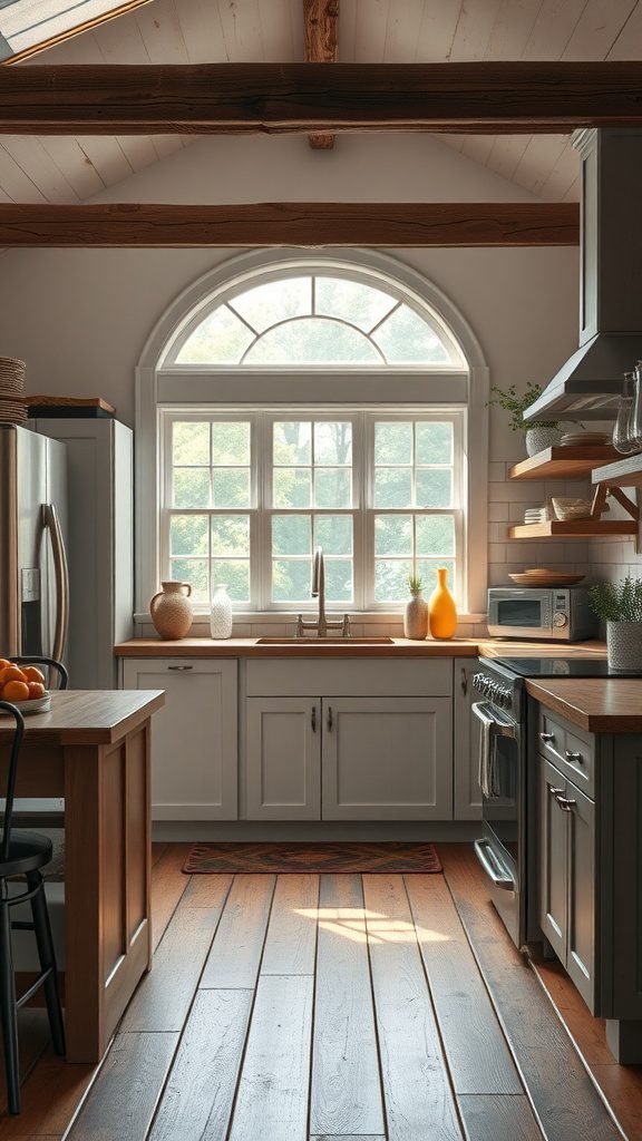 A bright farmhouse kitchen featuring modern appliances, wooden beams, and large windows.