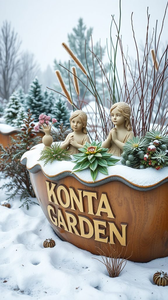A snowy garden sculpture planter featuring two figures, surrounded by winter plants and snow.