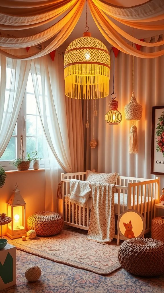 A cozy boho baby room featuring soft lantern lighting, warm colors, and a crib