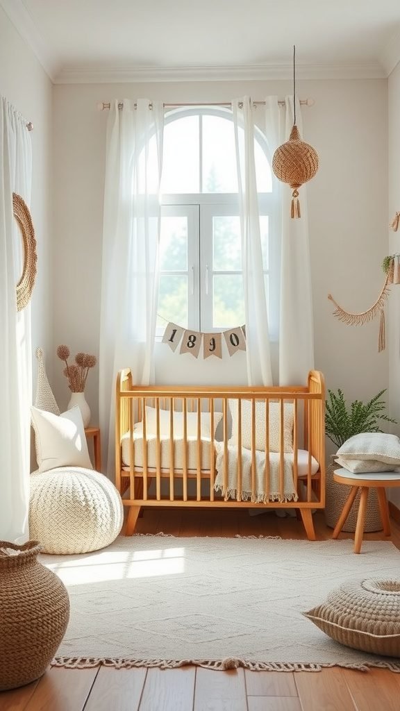 A boho-inspired baby room featuring a wooden crib, soft curtains, knitted poufs, and natural textures.
