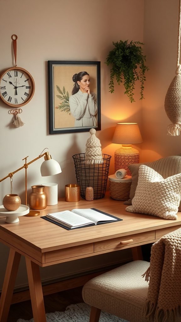 A cozy desk setup with soft textures, warm lighting, and stylish accessories.