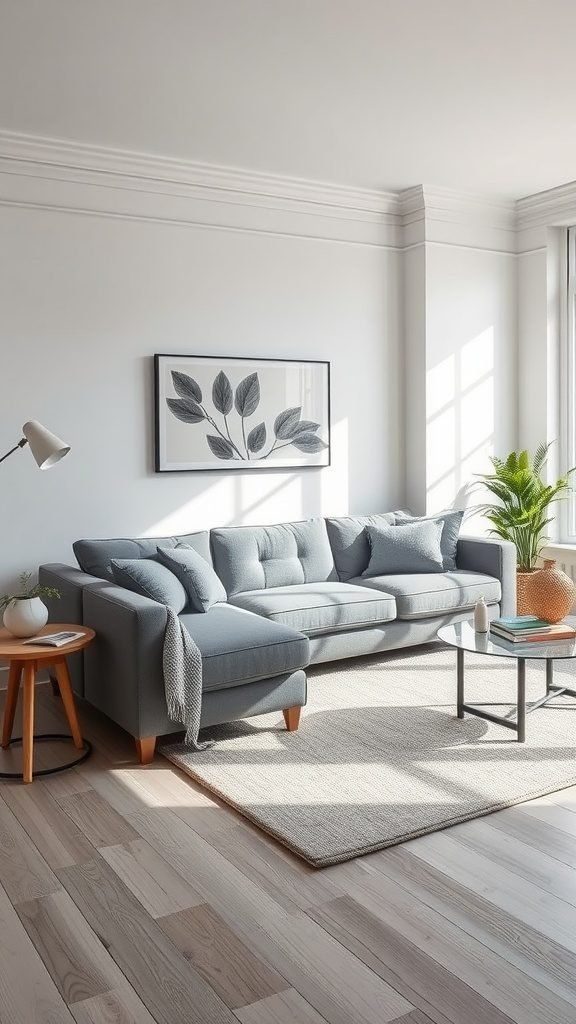 Bright living room featuring a sophisticated grey couch, wooden floor, and decorative elements.