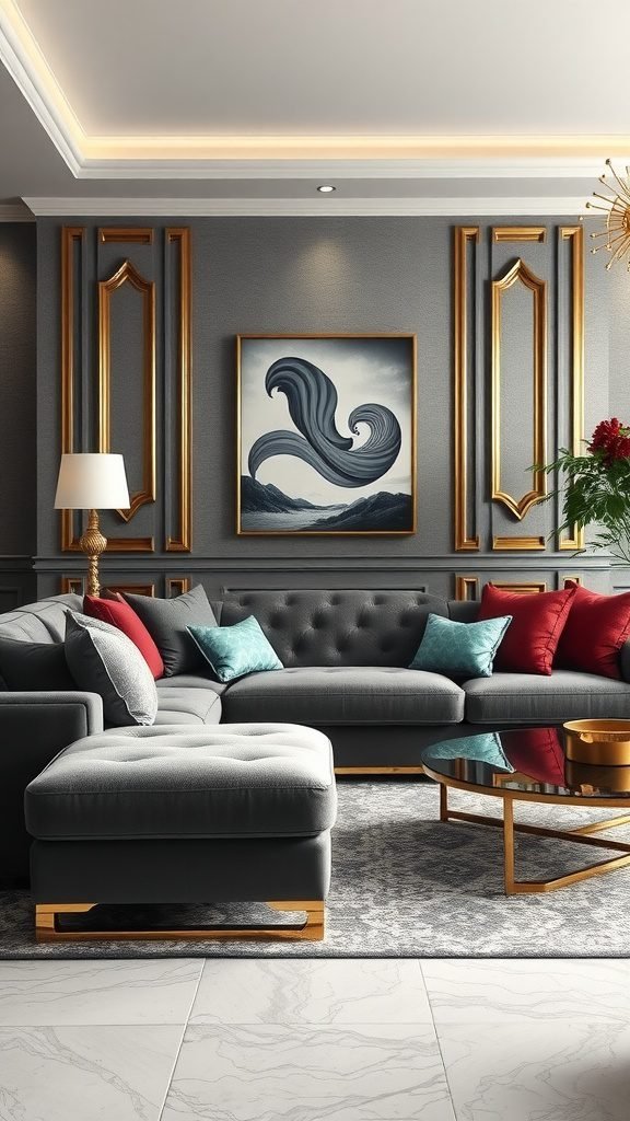Living room featuring a sophisticated grey couch with jewel-toned pillows, elegant decor, and a stylish atmosphere.