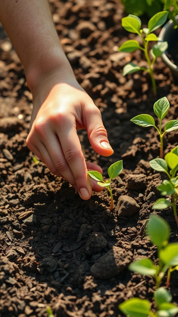 A hand planting a small sprout in rich, dark soil surrounded by green leaves.