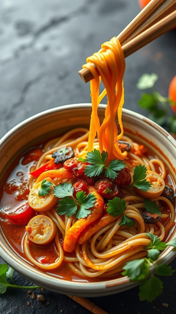 A bowl of spicy Asian noodles with vegetables and herbs, held with chopsticks