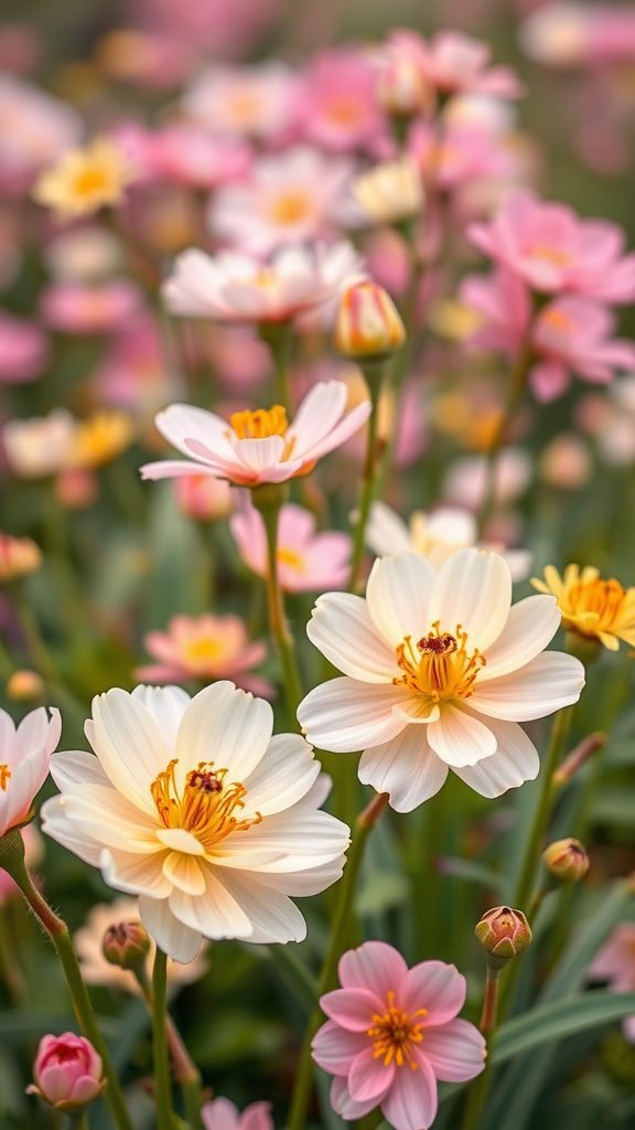 A vibrant display of spring blossoms in pink and white hues