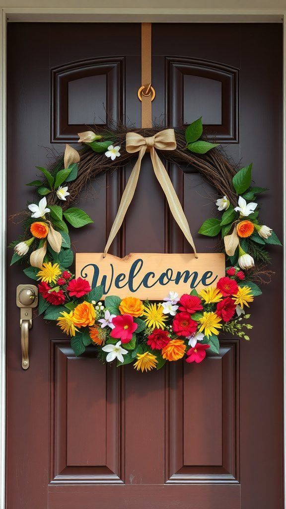 A colorful spring wreath with flowers and a 'Welcome' sign on a front door