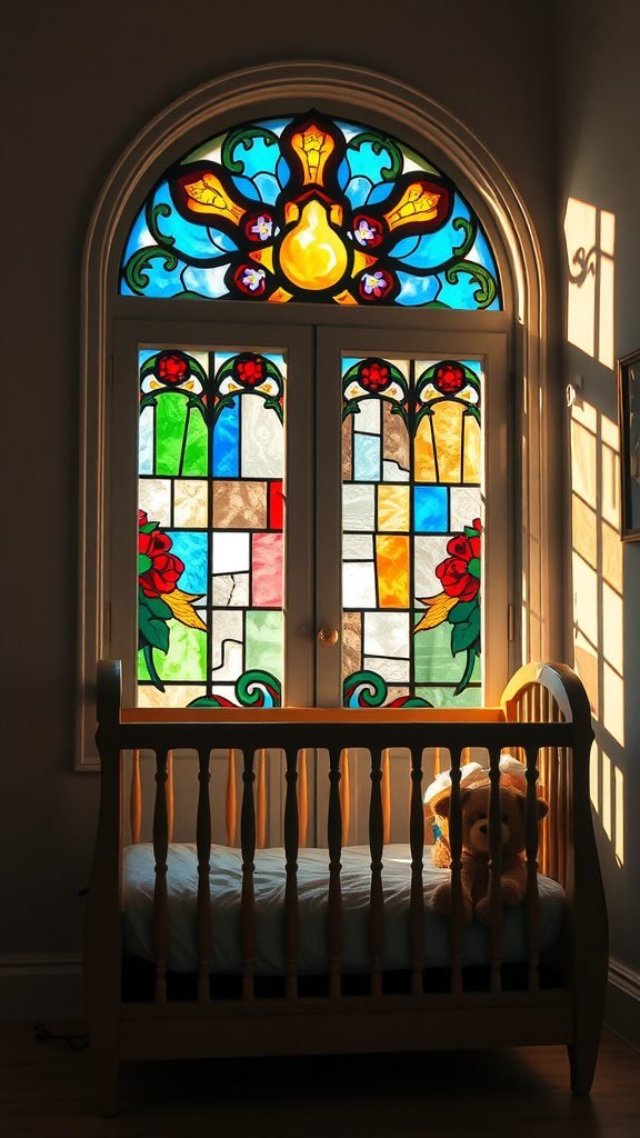 A cozy baby room with a wooden crib and a colorful stained glass window featuring floral designs.