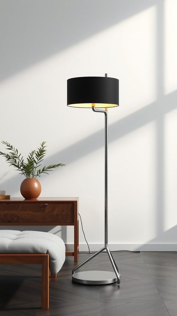 A stylish floor lamp in a modern living room setting, featuring a black shade and a chrome base.