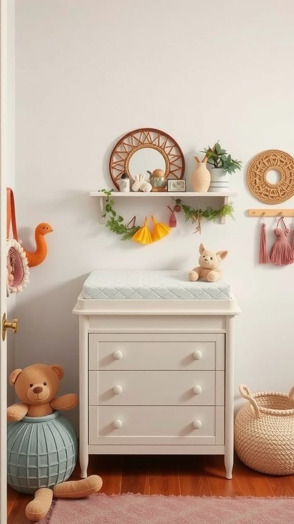 A stylish changing station in a boho baby room featuring a white changing table, colorful decor, and playful accents.