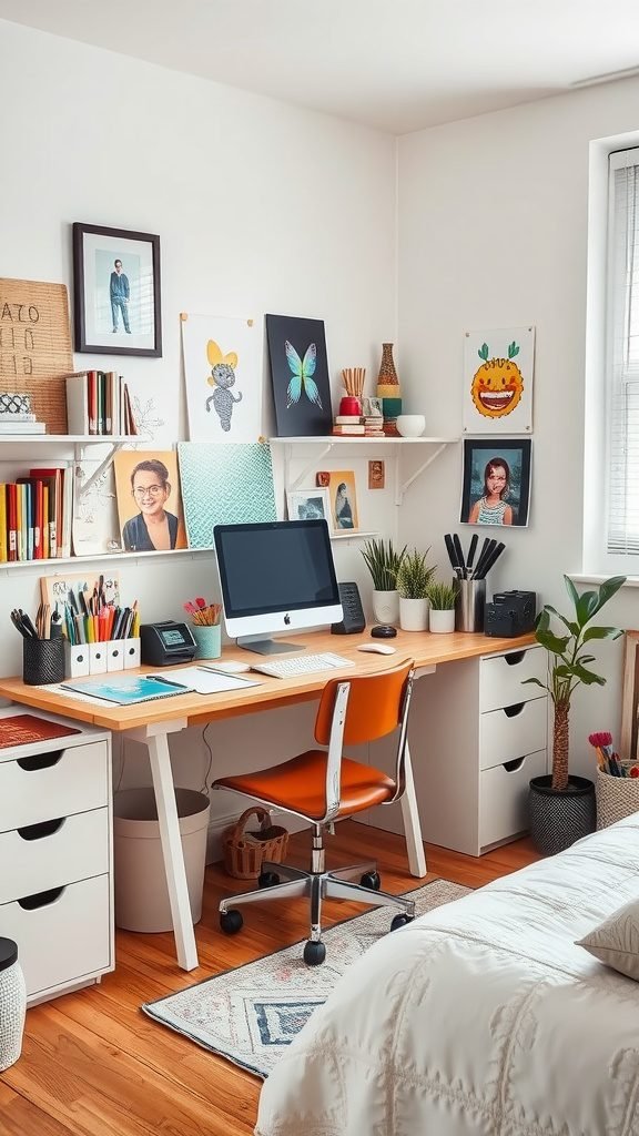 A stylish wooden desk in a bright bedroom, featuring plants, books, and art.