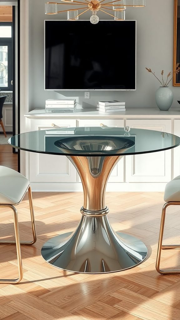 Stylish glass dining table with metallic base and modern decor