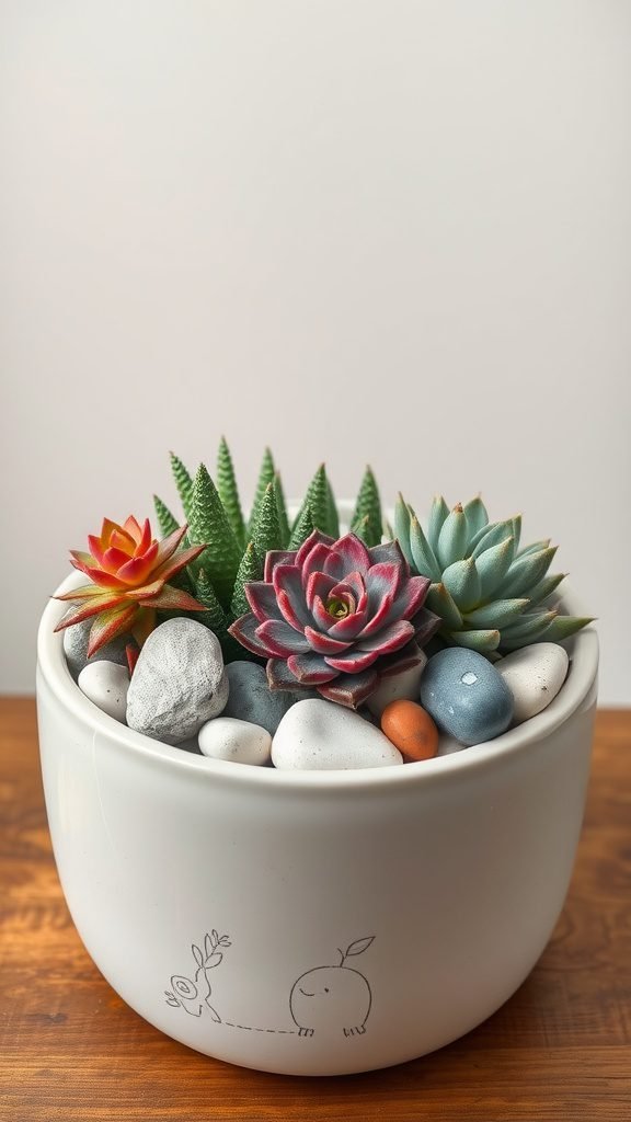 A stylish white planter filled with colorful succulents and smooth stones.