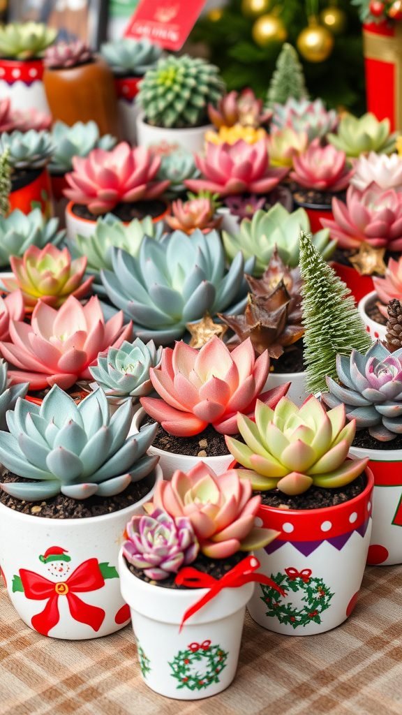 Colorful succulents in festive pots for holiday decoration.
